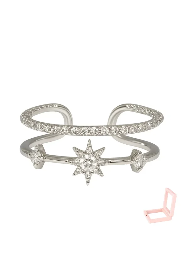 Celestial Diamond Ring, Star Moon Ring, Adjustable Open Cuff Ring, 14K White Gold Plated, 1.6 Ct Simulated Diamond, 14 White Gold Plated