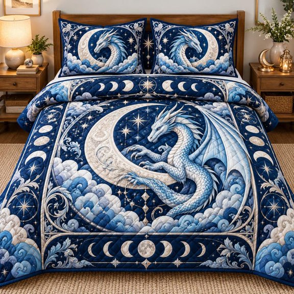 Celestial Dragon Bedding Set, Moon Phase Blue Dragon Quilt, Starry Night Fantasy Bedspread, Gothic Mystical Bedroom Decor