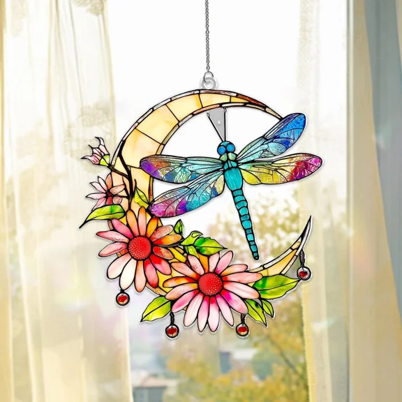 Celestial Dragonfly Flower Acrylic Suncatcher Window Hanging Garden