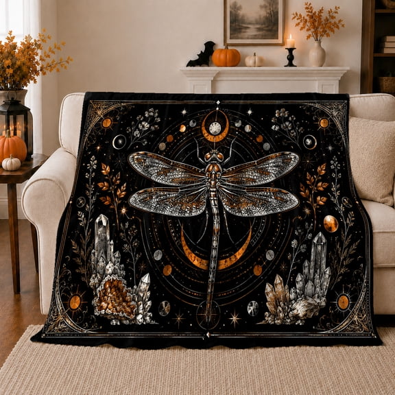 Celestial Dragonfly Framed By Crystals And Botanicals, Soft Flannel Blanket with Ornate Celestial Engraving Print, Housewarming Gift and Home Decor for Bedroom and Living Room