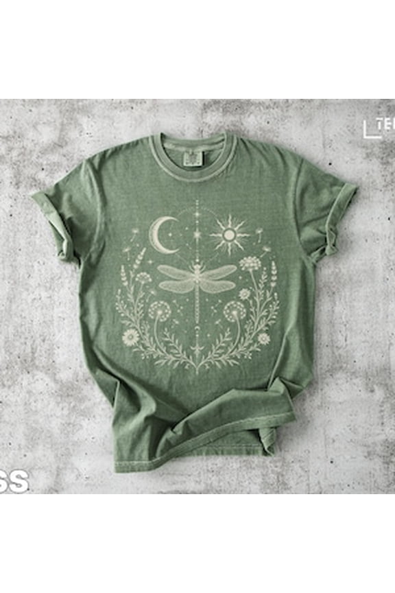 Celestial Dragonfly T-Shirt, Moon Sun Botanical Graphic Tee, Ethereal Boho Top
