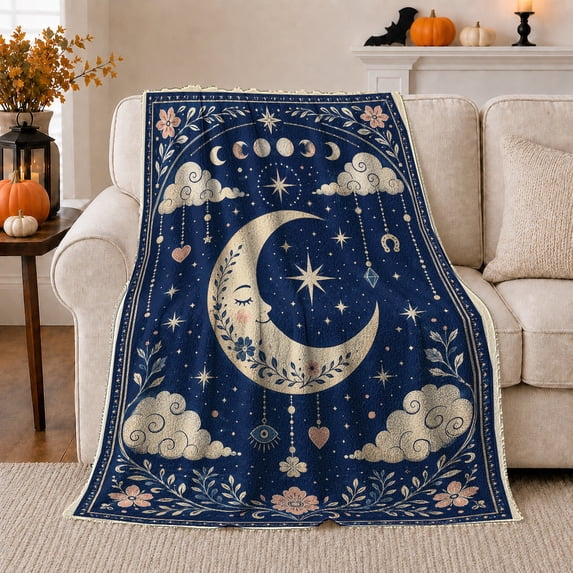 Celestial Dreaming Moon Floral Vines Stars, Peaceful Celestial Art Scene, Warm Flannel Blanket for Sunroom and Reading Nook, Celestial Art Lovers Valentine's Day Gift, Celestial Home Decor