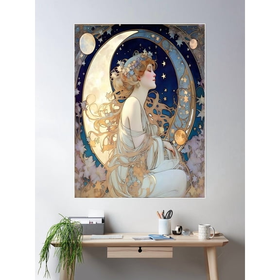 Celestial Dreams Alphonse Mucha Inspired Moon And Stars Poster Wall Art, Modern Wall Decor For Living Room Bedroom, 24x36 UNFRAMED