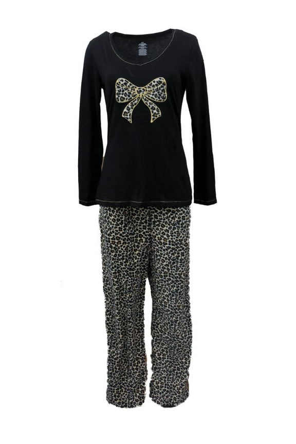 Womens Brown & Black Leopard Print Pajamas Fleece Pajama Set L