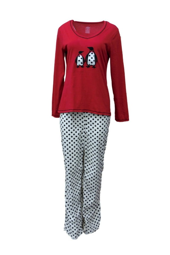 Womens Red Penguin Pajamas Fleece Polka Dot Pajama Set X-Large