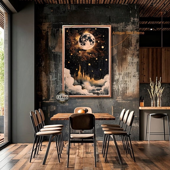 Celestial Dreamscape Poster Moonlit Golden Night Sky Wall Art Abstract Moon Stars Poster Fantasy Ready To Hang, Stretched Canvas Size 8x12