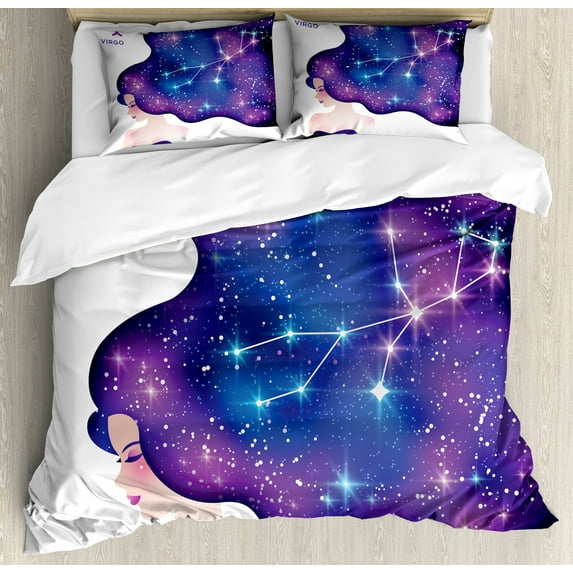 Celestial Duvet Cover Set, Horoscope Virgo with Sign and Abstract Space Hair Girl Constellation, Decorative 3 Piece Bedding Set with 2 Pillow Shams, Calking Size, Violet and Multicolor, by Ambesonne