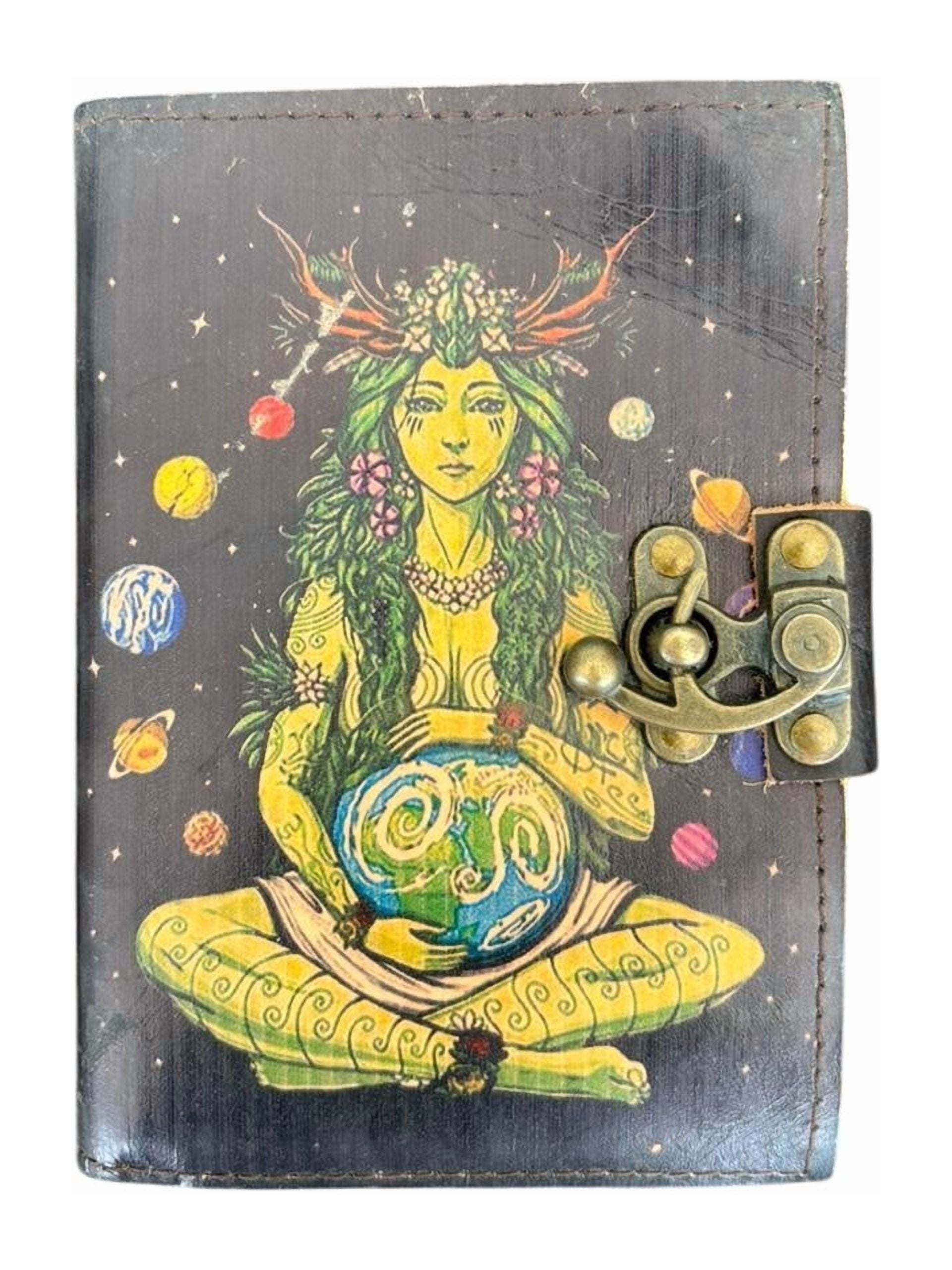 “Celestial Earth Goddess Leather Journal – Handmade Deckle Edge Notebook (5x7)”