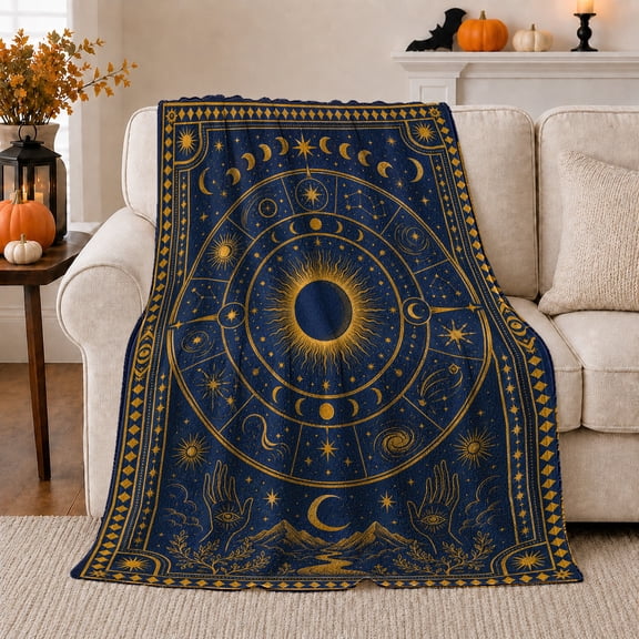 Celestial Eclipse Astrological Map Mystical Zodiac Art, Peaceful Mountain Lake Scene, Warm Flannel Blanket for Cabin and Lodge, Outdoor Lovers Camping Gift, Rustic Home Decor