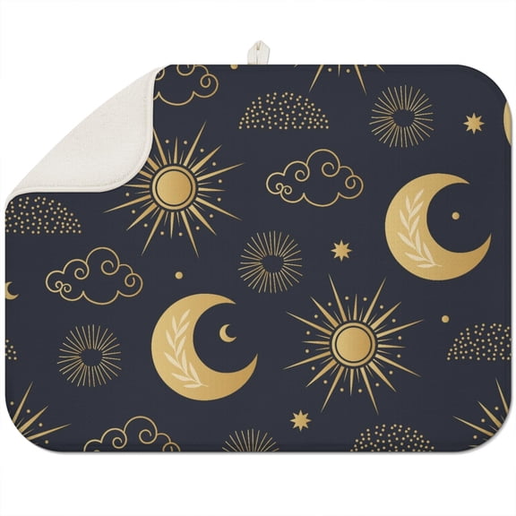 Celestial Eclipse Coffee Mat Goth Moon Star Microfiber Draining Pad Dark Artistic Style Dish Drying Rack Pad Reversible Spill Mat for Kitchen