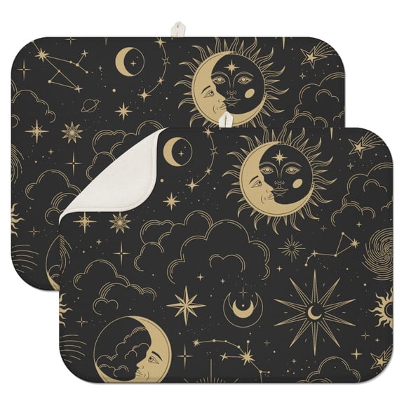 Celestial Eclipse Coffee Mat Goth Moon Star Microfiber Draining Pad Dark Artistic Style Dish Drying Rack Pad Reversible Spill Mat for Kitchen