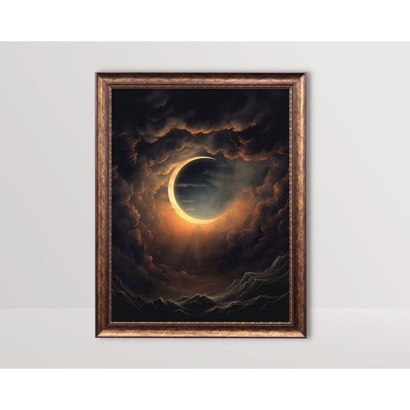 Celestial Eclipse, Dark Aesthetic, Solar Lunar Eclipse Vintage, Gothic Room Decor, Witchy , Goth Wall Art, Sun Moon Poster12, Stretched Canvas Size 16x24