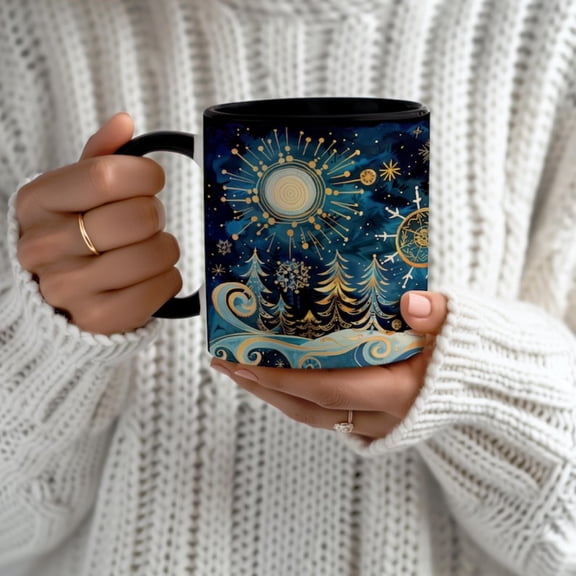 Celestial Festive Forest Mug, Fairy Whimsical Snowy Winter Night Mug - 11 oz Black Ceramic Mugs Gift for Friends