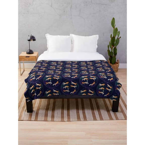 Celestial Fish and Star Medallion Navy Blue Fleece Blanket, Polyester Fleece Fabric, 280 GSM, Couch or Bed Use