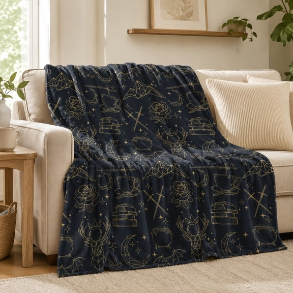 Celestial Dark Moon Star Gothic Fleece Throw Blanket, Soft 280 GSM Polyester, Gothic Decor
