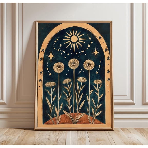 Celestial Floral Boho Night Sky Vintage Botanical Moon Decor Unframed Paper Print