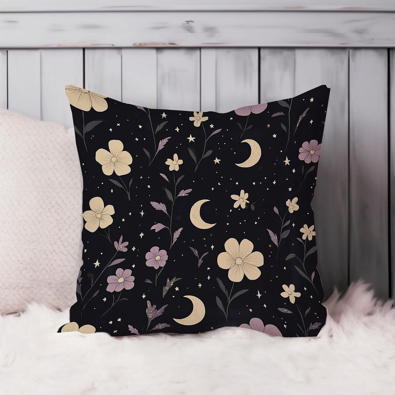 Celestial Floral Crescent Moon Polyester Velvet Throw Pillow Cover, 2 ...