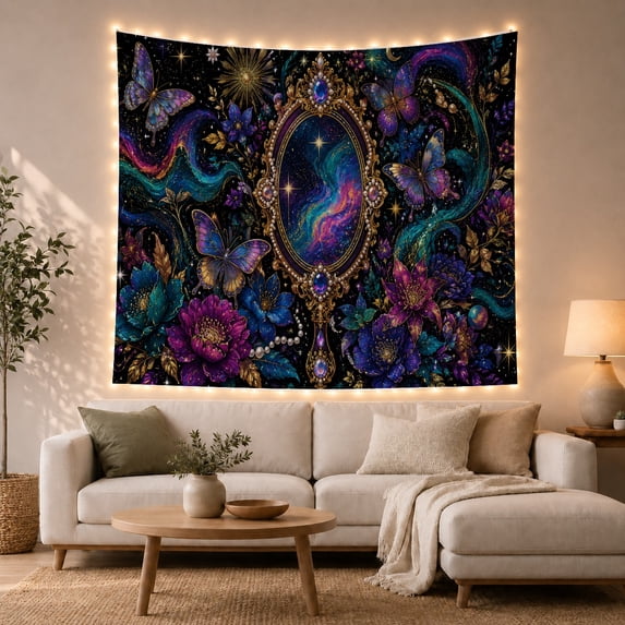 Celestial Floral Mandala with Butterflies in a Starry Nebula, Mystical Boho for Astronomy Fans, Celestial Home Decor, Housewarming Gift Tapestry Wall Hanging for Bedroom and Living Room