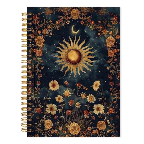 Celestial Floral Spiral Notebook, Boho Witchy Journal, Sun and Moon Design, 5.5x8.3 Inches