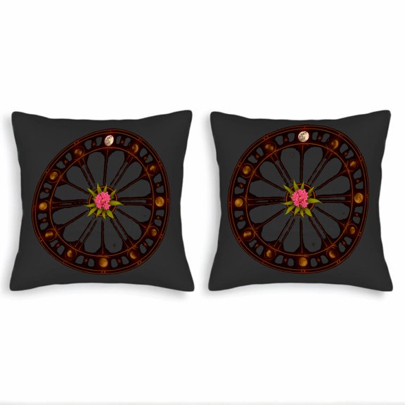 Celestial Floral Throw Pillow Covers 18x18in Set of 2 - Dark Background with Pink Flower Green Leaves & Golden Moon Design for Couch Bed Car