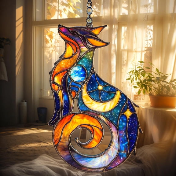 Celestial Fox Acrylic Suncatcher Cosmic Galaxy Window Hanging, Faux Stained Glass Decor, Gift for Animal & Nature Lovers