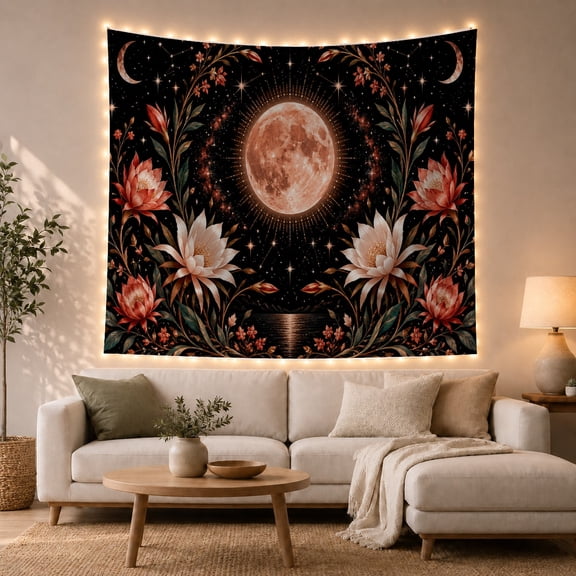 Celestial Full Moon with Lotus Flowers Against a Starry Sky, Mystical Boho for Nature Lovers, Celestial Wall Art, Birthday Gift Tapestry Wall Hanging for Bedroom and Living Room