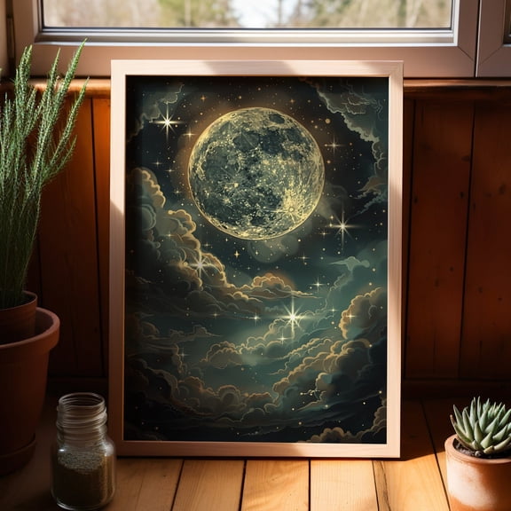 Celestial Full Moon Night Sky Wall Art Mystical Witchy Decor, Unframed Canvas Size 8x12
