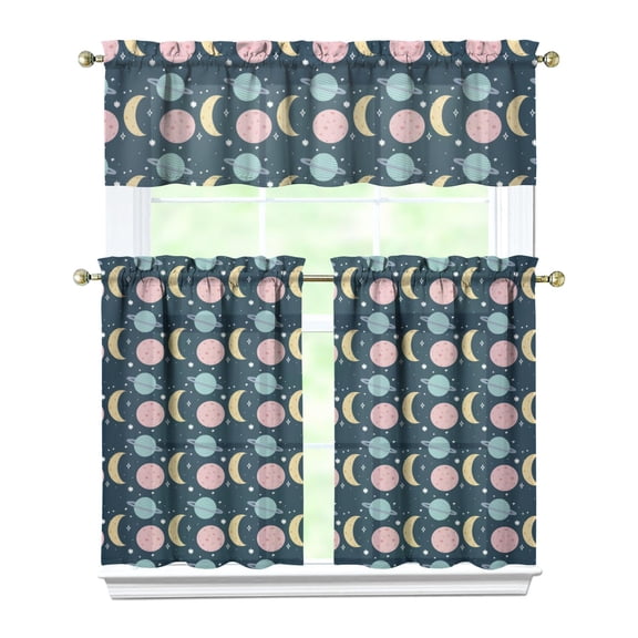 Celestial Galaxy Kitchen Curtains Set with Cosmic Nebula and Outer Space Pattern, Tier and Valance Rod Pocket Curtains for Sci-fi Lovers, Space Geek Kitchen or Small Window Decor