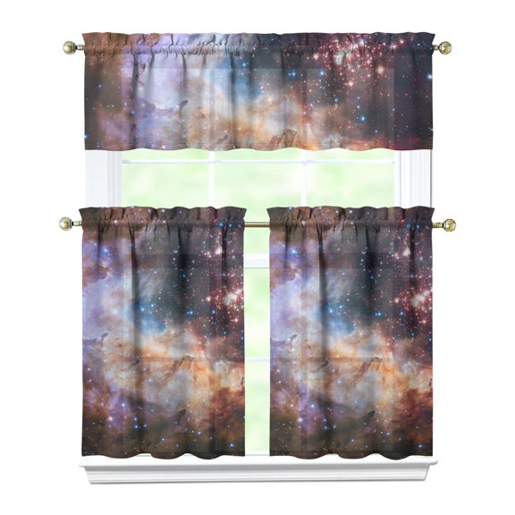 Celestial Galaxy Kitchen Curtains Set with Cosmic Nebula and Outer Space Pattern, Tier and Valance Rod Pocket Curtains for Sci-fi Lovers, Space Geek Kitchen or Small Window Decor
