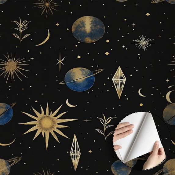 Celestial Galaxy Planets Wallpaper, Boho Minimalist Aesthetic, Peel and Stick Wallpaper Waterproof, Wall Decoration for Bedroom Living Room Dorm Room Shelf, 17.7 * 118 in Contact Paper