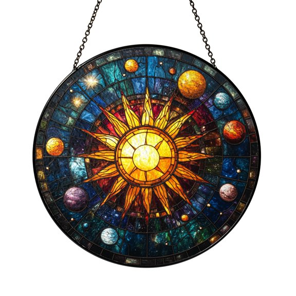 Celestial Galaxy Scene Window Sun Catcher with Planets Design, Decorative Stained Glass Style Hanging Art, Cosmic Gift