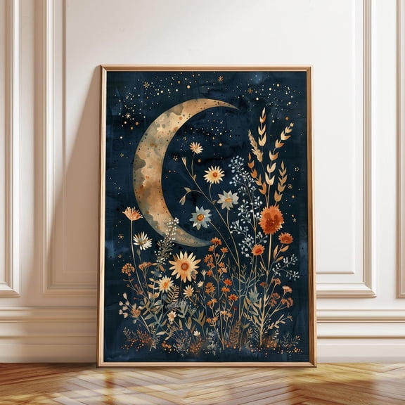 Celestial Garden Wall Decor Moonlit Wildflower Night Botanical Flower Art, Stretched Canvas 12x16in