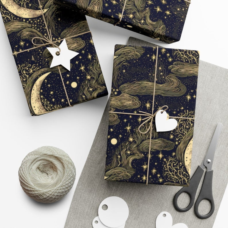 Celestial Gift Wrap Paper Black and Gold Night Sky, Pen and Ink ...
