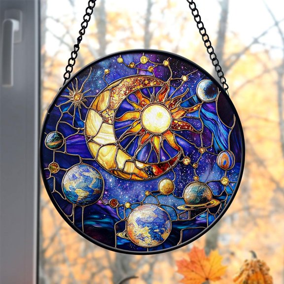 Celestial Glass Suncatcher, Sun Moon and Stars Window Hanger Galaxy Fortune Teller, 6.3 in