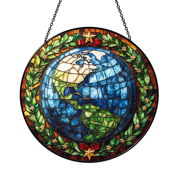 Celestial Globe Illustration Stained Glass Style Window Hanging – Nature Decor