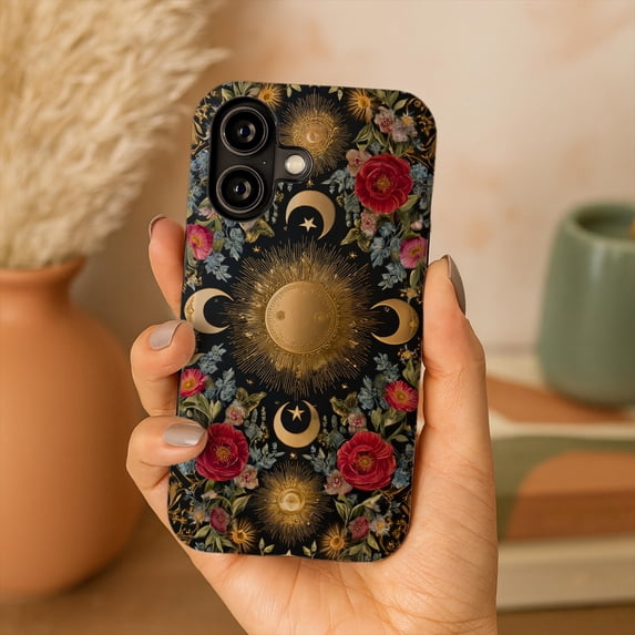Celestial Gold Sun, Crescent Moon and Red Floral Tough Case for Apple ...
