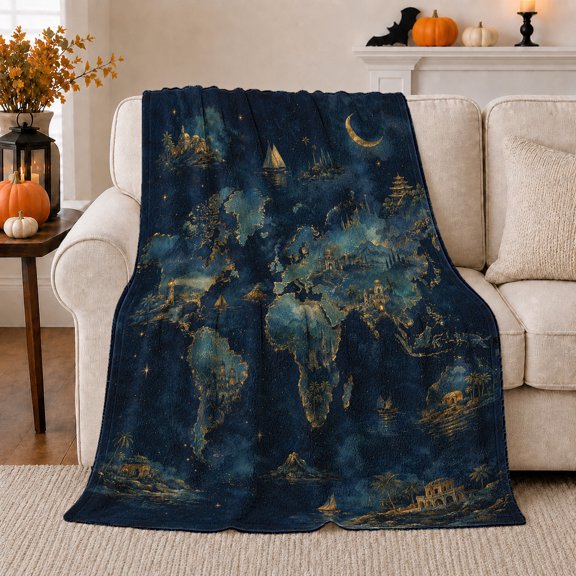 Celestial Gold World Map, Mystical Celestial Art Scene, Warm Flannel Blanket for Home Library and Reading Nook, Celestial Art Lovers Housewarming Gift, Celestial Home Decor