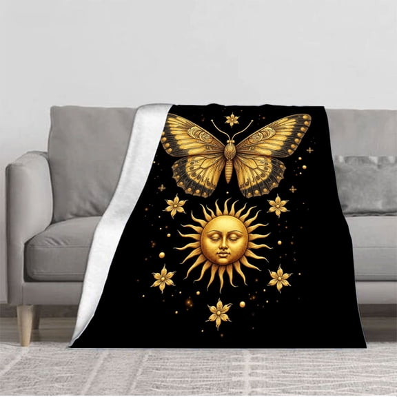 Celestial Golden Butterfly Flannel Blanket - Soft Cozy Durable Design for Sofa Travel Bed & Chair - Mystical Patterns & Warmth