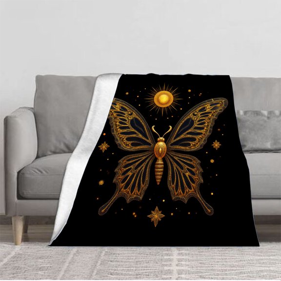 Celestial Golden Butterfly Flannel Blanket - Soft Cozy Warm Throw for Sofa Travel Bed Chair - Intricate Patterns & Radiant Design