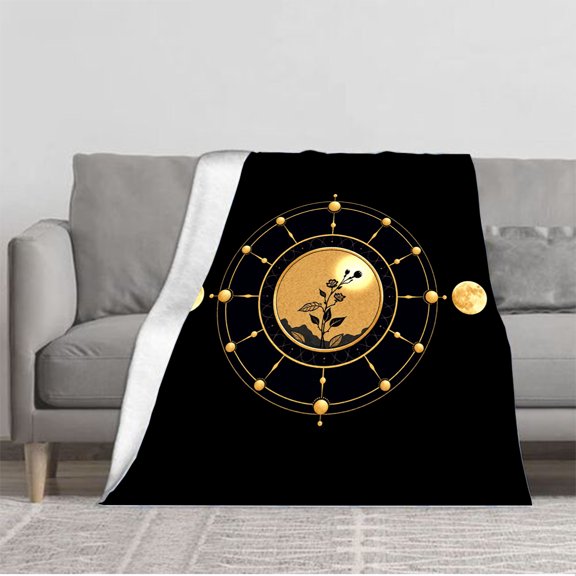Celestial Golden Plant Design Flannel Blanket - Soft Cozy Warm Throw for Sofa Travel Bed Chair - Mystical Aesthetic