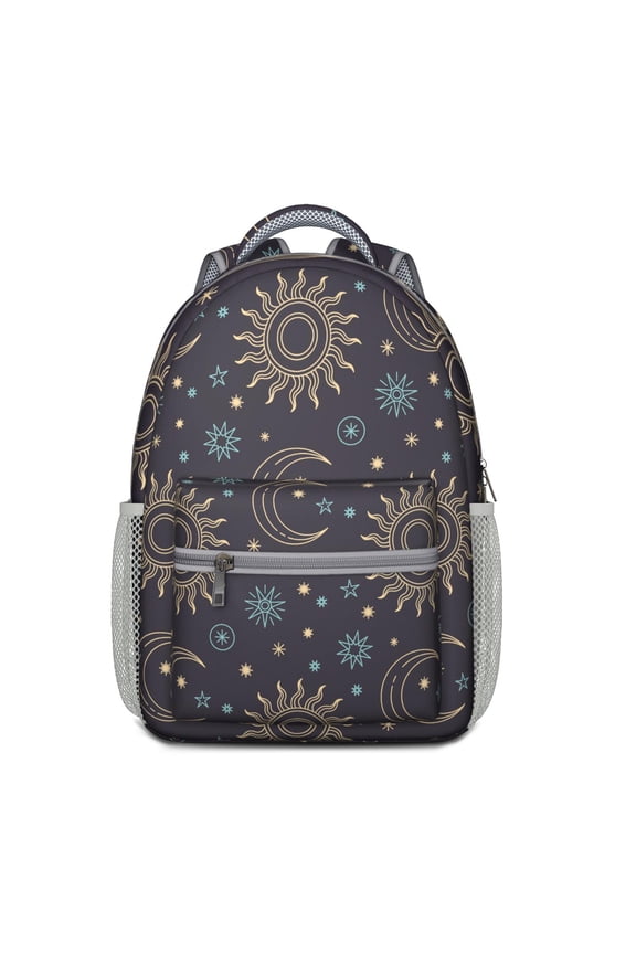 Celestial Goth School Backpack – Cosmic Moon, Star & Sun Pattern with Spiritual, Witchy and Golden Astrology Elements