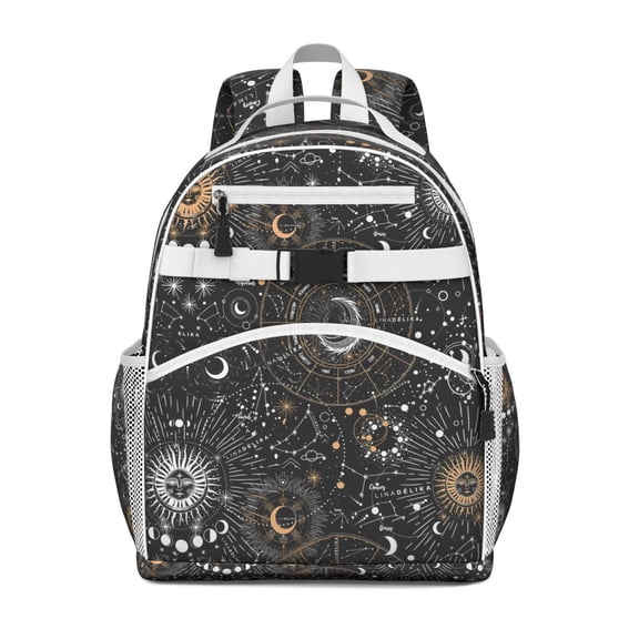 Celestial Goth Students Backpack with Steampunk Moon, Star, and Sunburst Design, Ethereal Cosmic Art Print, Adjustable Chest Strap and Large Capacity for Toddlers