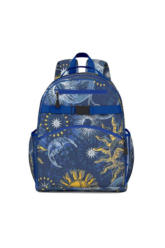 Celestial Goth Students Backpack with Steampunk Moon, Star, and Sunburst Design, Ethereal Cosmic Art Print, Adjustable Chest Strap and Large Capacity for s