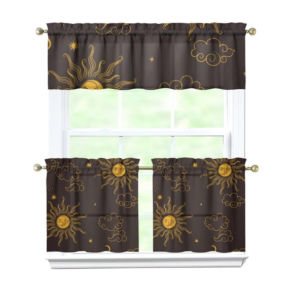 Celestial Gothic Kitchen Curtains Set - 3 PC Sun Moon Astrology Print Tier Curtains with Valance, Starry Night Farmhouse Rod Pocket Window Panels 54x18 & 27.5x24 Inch