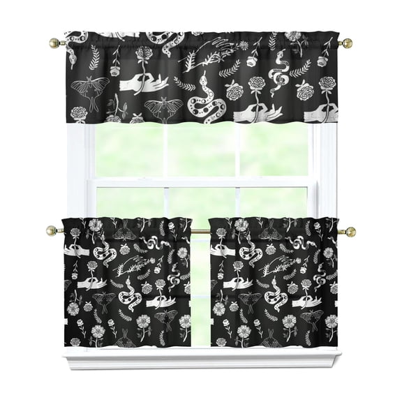 Celestial Gothic Kitchen Curtains Set 3-Piece Tier and Valance Rod Pocket Star Moon Sky Eclipse Design for Ethereal Aesthetic Kitchen Decor