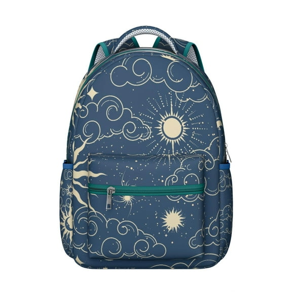 Celestial Gothic Sun and Moon Backpack Durable Waterproof Composite Oxford Cloth with Mystical Golden Star Pattern, Breathable Foam Padding, Adjustable Straps