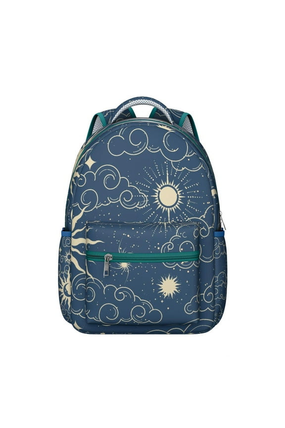 Celestial Gothic Sun and Moon Backpack Durable Waterproof Composite Oxford Cloth with Mystical Golden Star Pattern, Breathable Foam Padding, Adjustable Straps