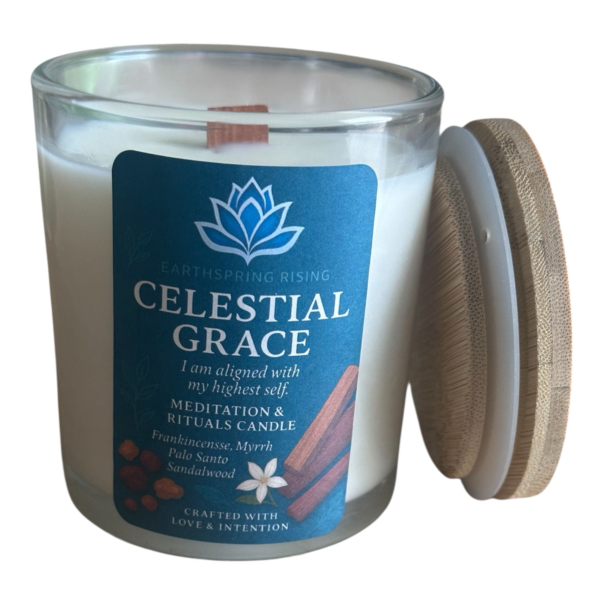 Celestial Grace Candle – Frankincense, Myrrh, Sandalwood, Palo Santo & Jasmine | 10oz Soy Wax Wood Wick Candle with Wood Lid | 50-Hour Burn | Spiritual Elevation & Sacred Ritual