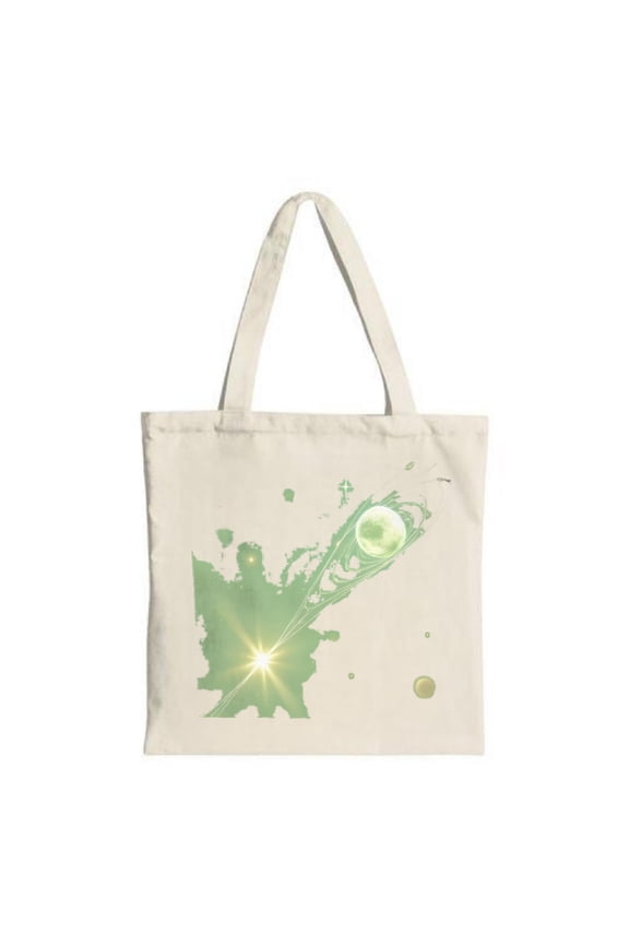 Celestial Green Abstract Tote Bag - Bright Star Design with Swirling Patterns & Spheres Perfect for Shopping Travel & Parties