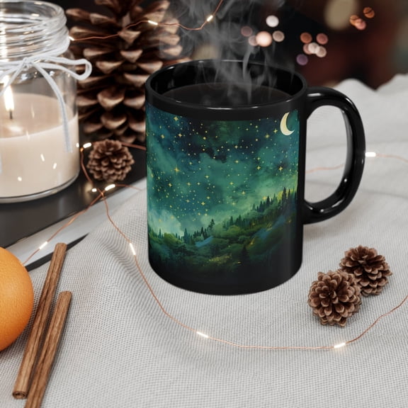 Celestial Green Ceramic Mug: Gold Stars & Moon Coffee Cup